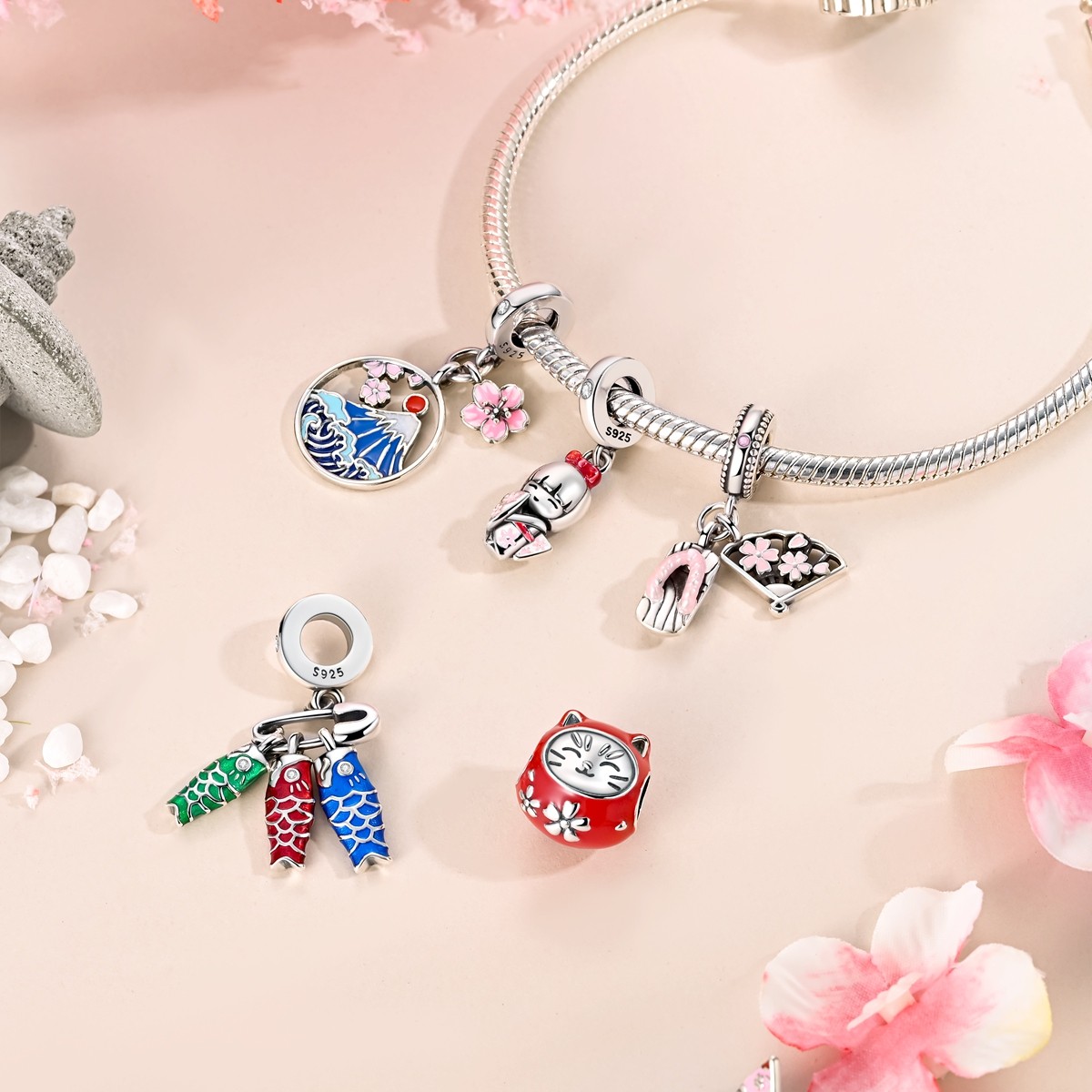 LAZA 925 Sterling Silver DIY Charm Japanese-style Cat Tumbler fit Women Bracelet