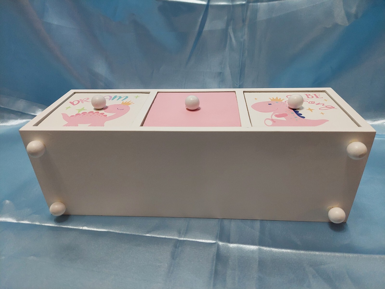 SUPER ADORABLE WOODEN THREE DRAWER HANDMADE TRINKET / JEWELRY BOX 12″ LONG NEW