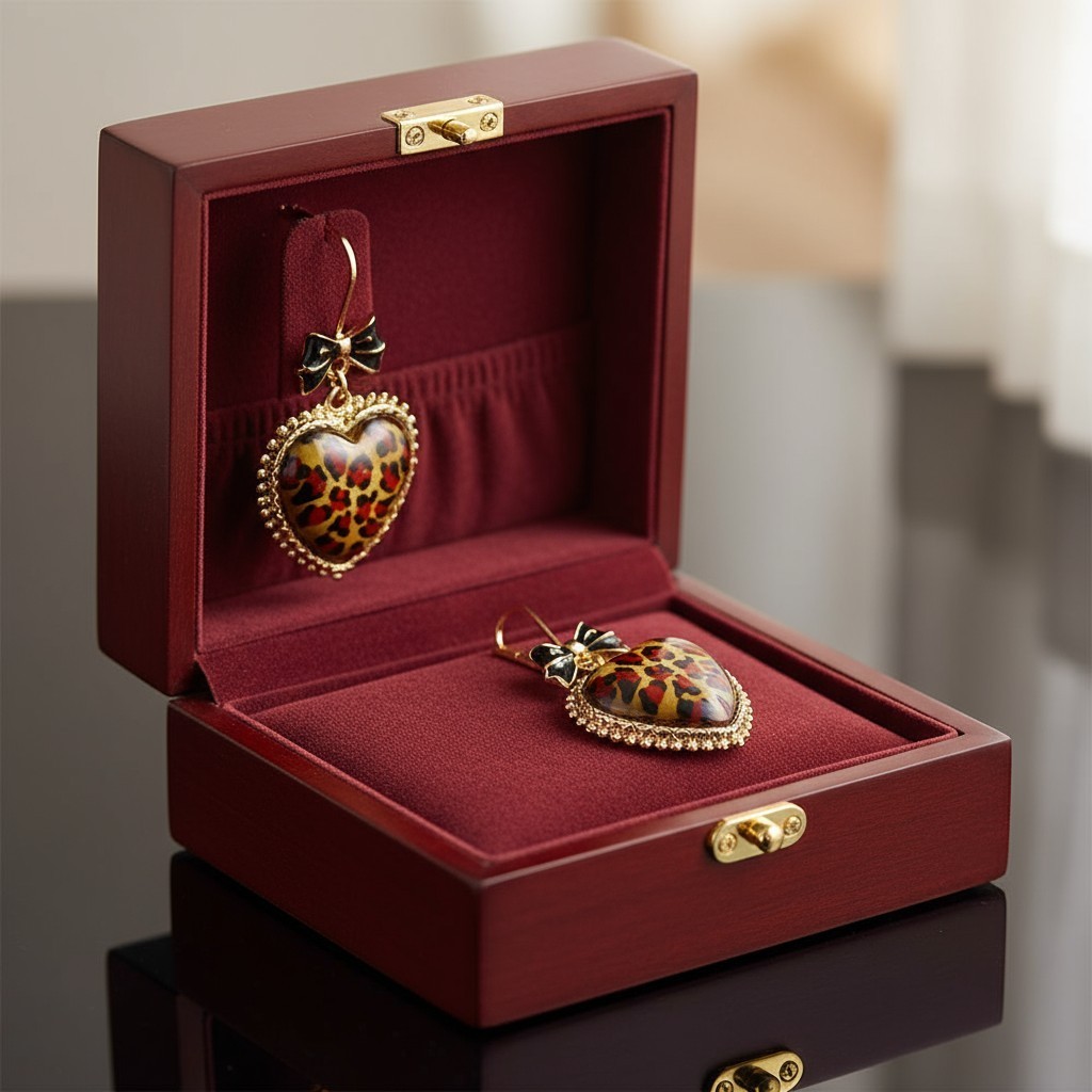 Betsey Johnson Leopard Heart Drop Earrings – Gold-Tone with Bow Accen