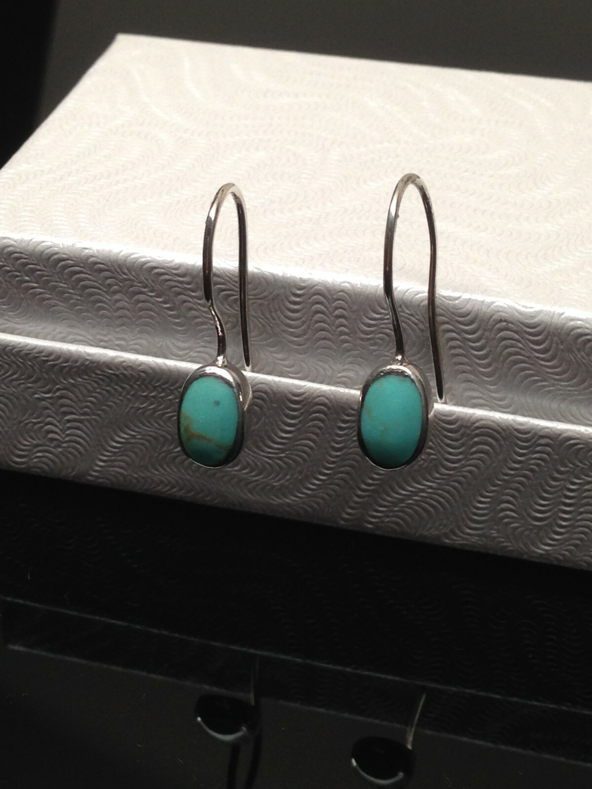 925 Sterling Silver Oval Turquoise Dangle Earrings Tiny Dainty Turquoise 7.5mm