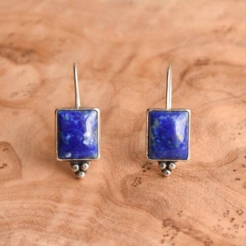 925 Sterling Silver Handmade Lapis Lazuli Dangle Genuine Women Earrings