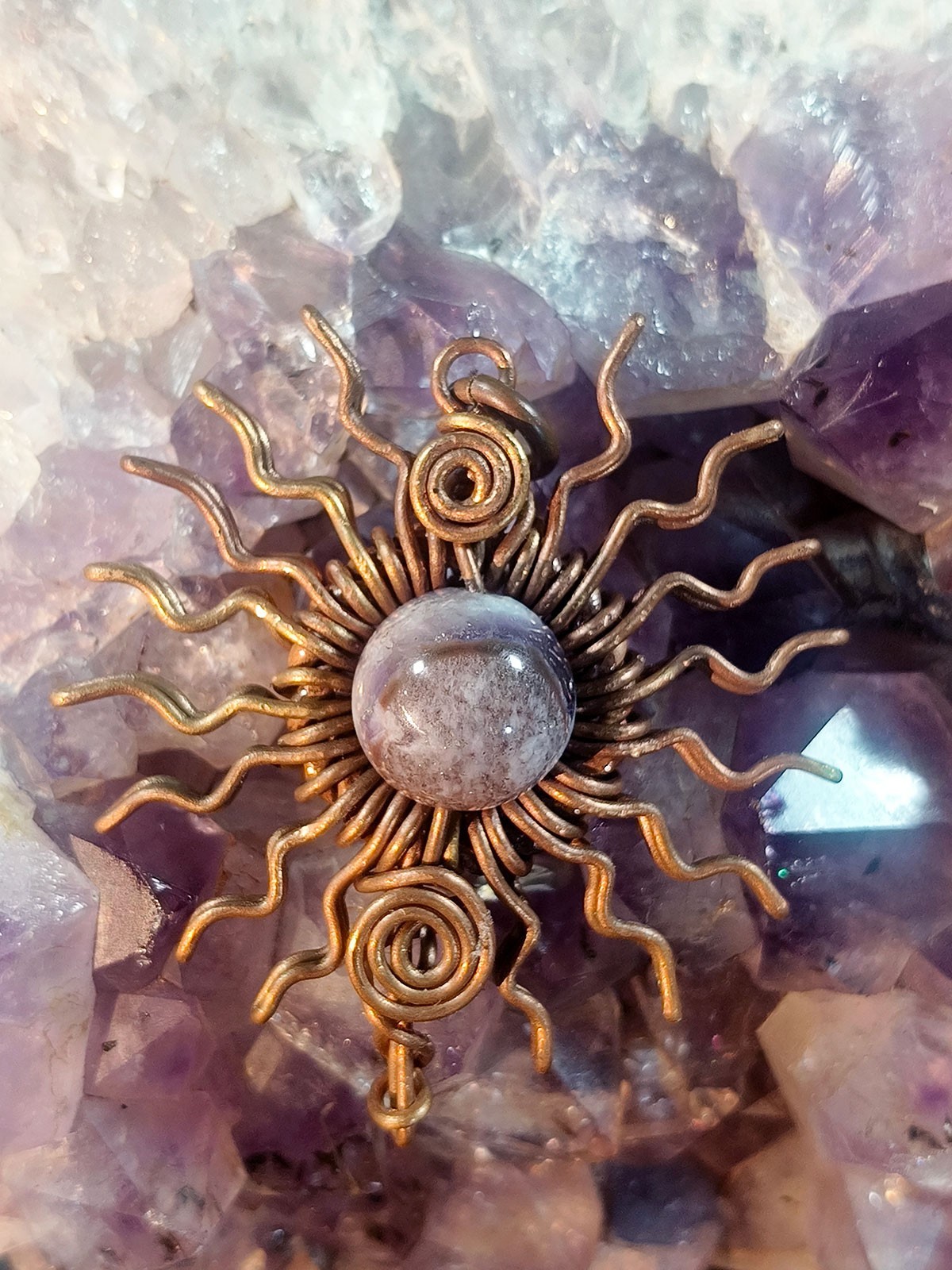 Sun Pendant Copper Amethyst Wire-Wrapped Jewelry Energy Health Lucky #PS0007