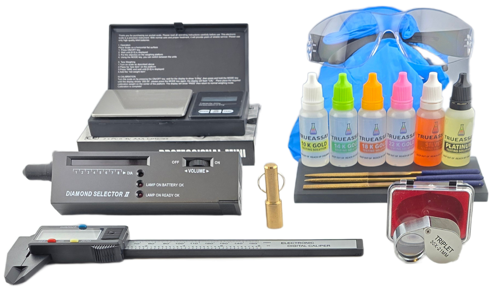 Gold Silver Plat Test Kit + Diamond Tester + Digital Scale + Electronic Calipers