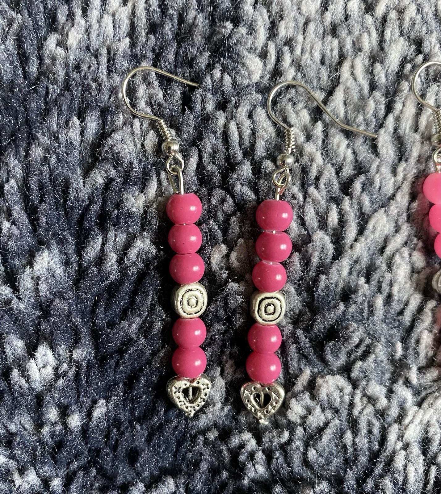 Handmade Pink & Silver Beaded Dangle Drop Earrings Set (2)
