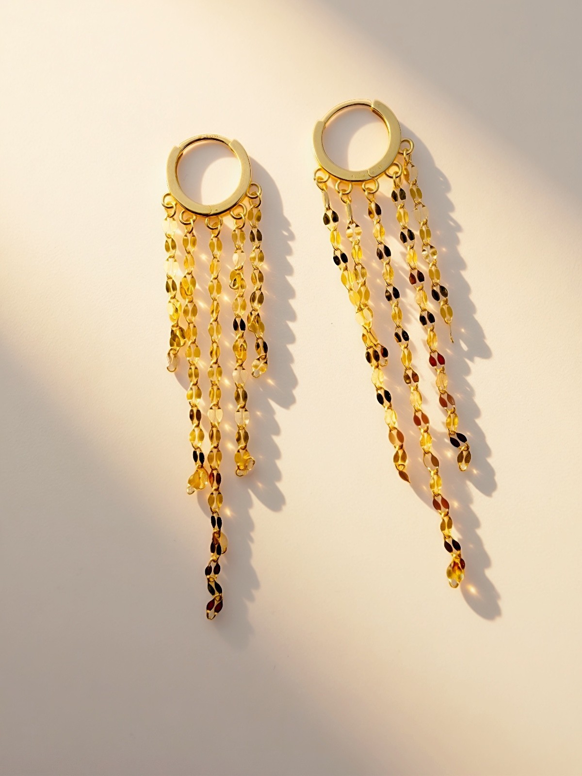 18K Gold Dangle Hoop Earrings Long Tassel Chain Drop Earrings Small 6 mm