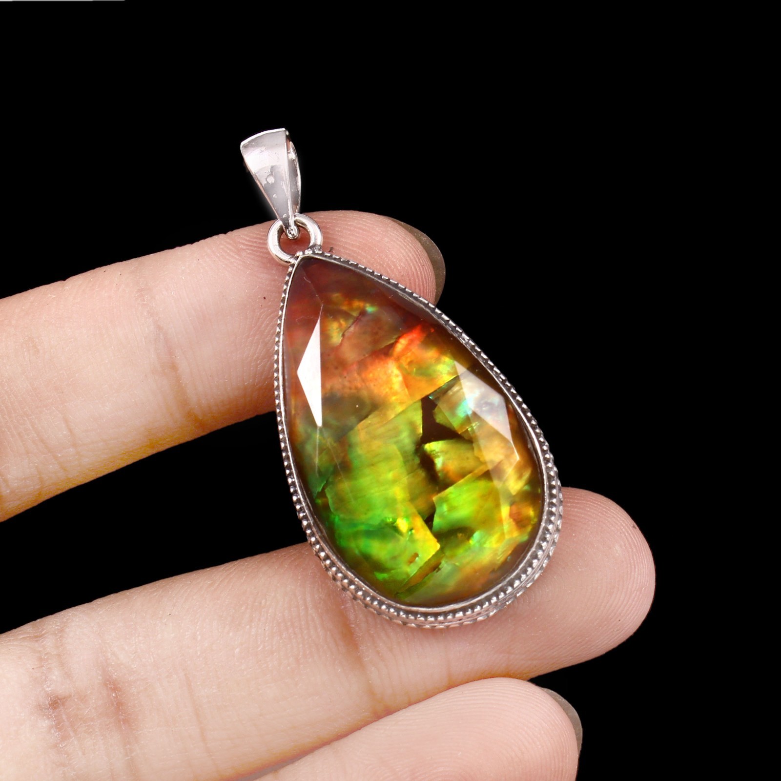 Natural Green Orange Ammolite Pendant 925 Sterling Silver Faceted Teardrop