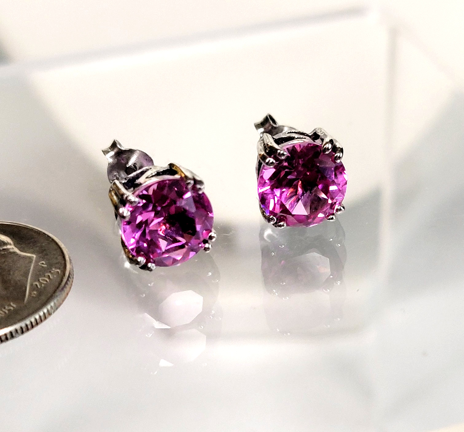 New JTV PJ-925 Sterling Silver Pink round Stone Stud Earrings signed beauty CZ