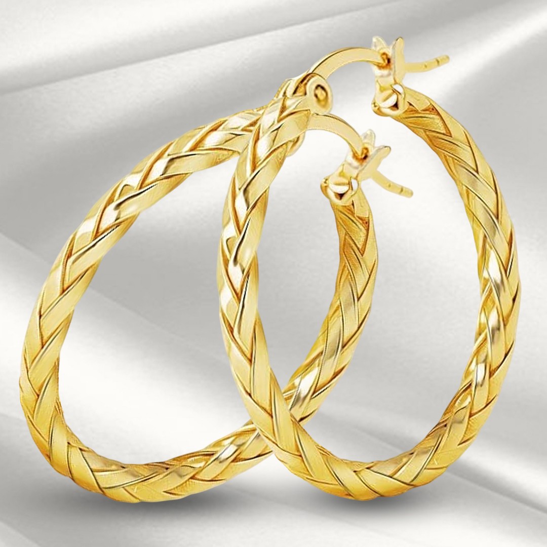 14K Gold Earrings for Women Weave Design Hoop Earrings Classic Earring 30MM