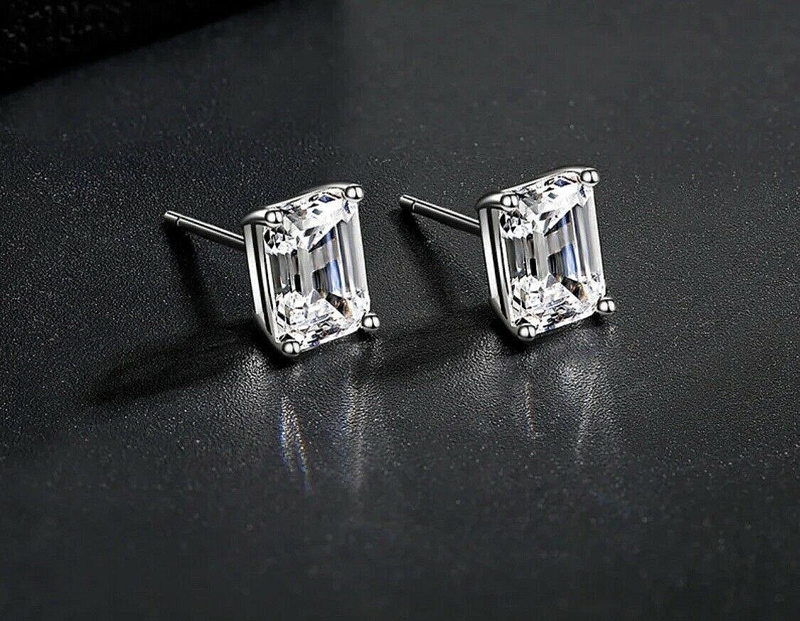 2 Ct Emerald Cut VVS1/D Lab Created Stud Earrings 14k White Gold 7mm Push Back