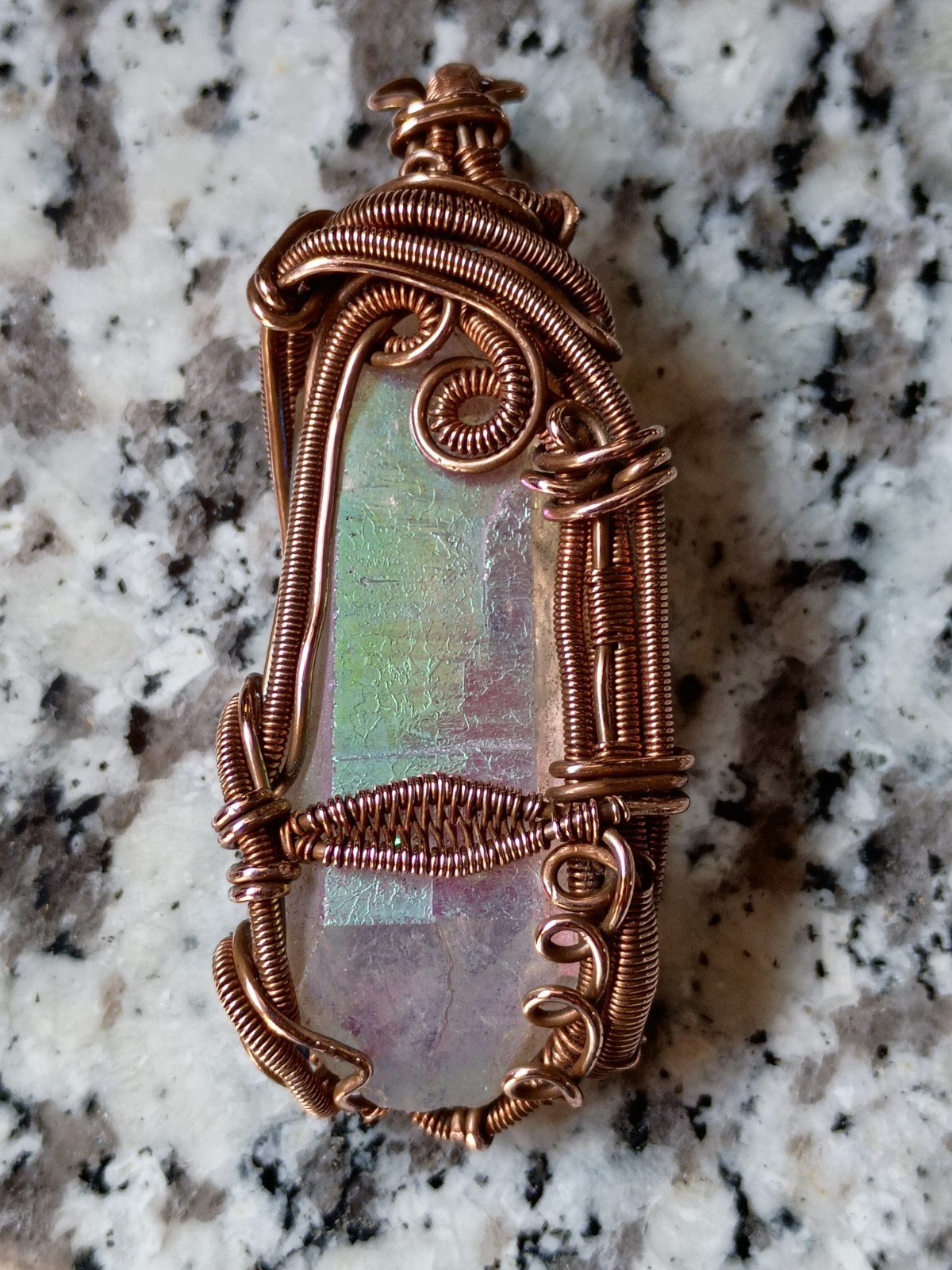 Angel Aura Quartz Crystal Wire Wrap double terminated Copper Pendant Necklace