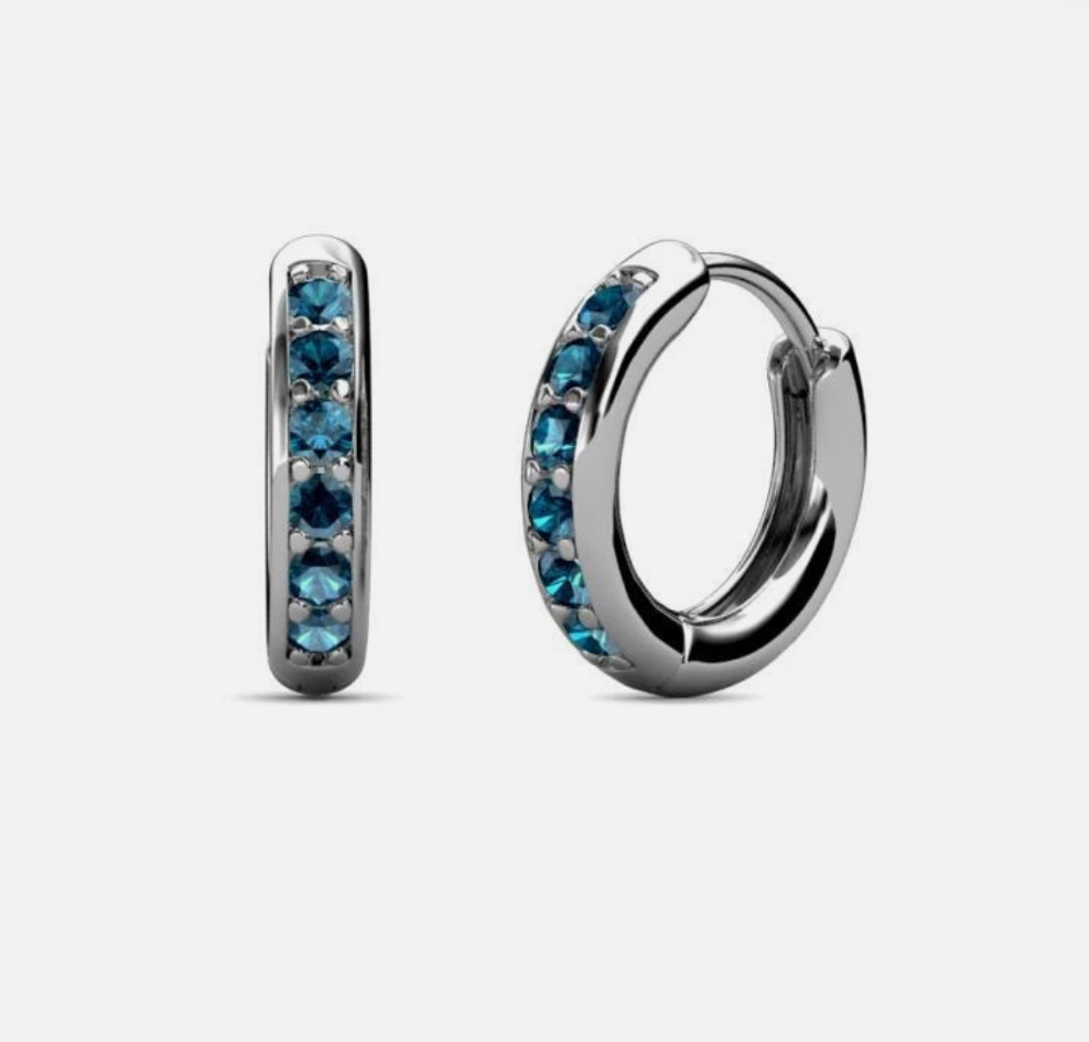 Round Petite Blue Diamond Huggies Hoop Earrings 0.30ctw 14K White Gold JP:12527