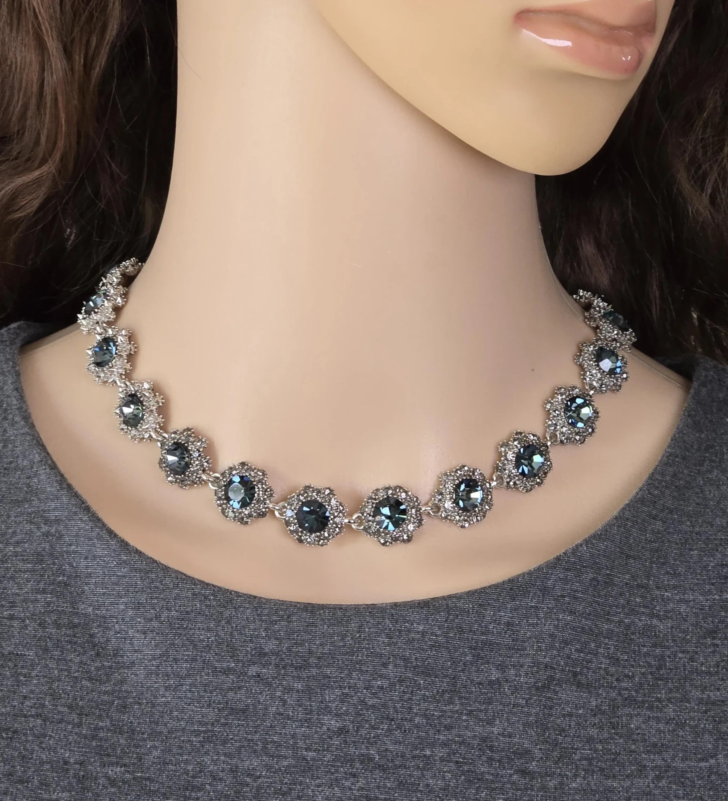 Blue Rhinestone Necklace Victorian Style 16 In Statement Special Occasion Silver