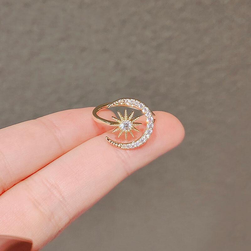 18K Gold Plated Adjustable Crystal Sun Moon Ring for Women Jewelry Gifts