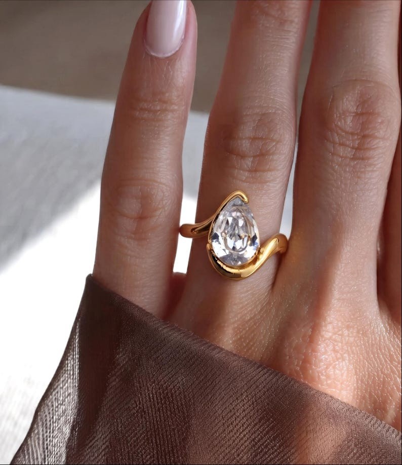 Pear Shape Moissanite Bypass 14K Gold Plated Teardrop Engagement Ring