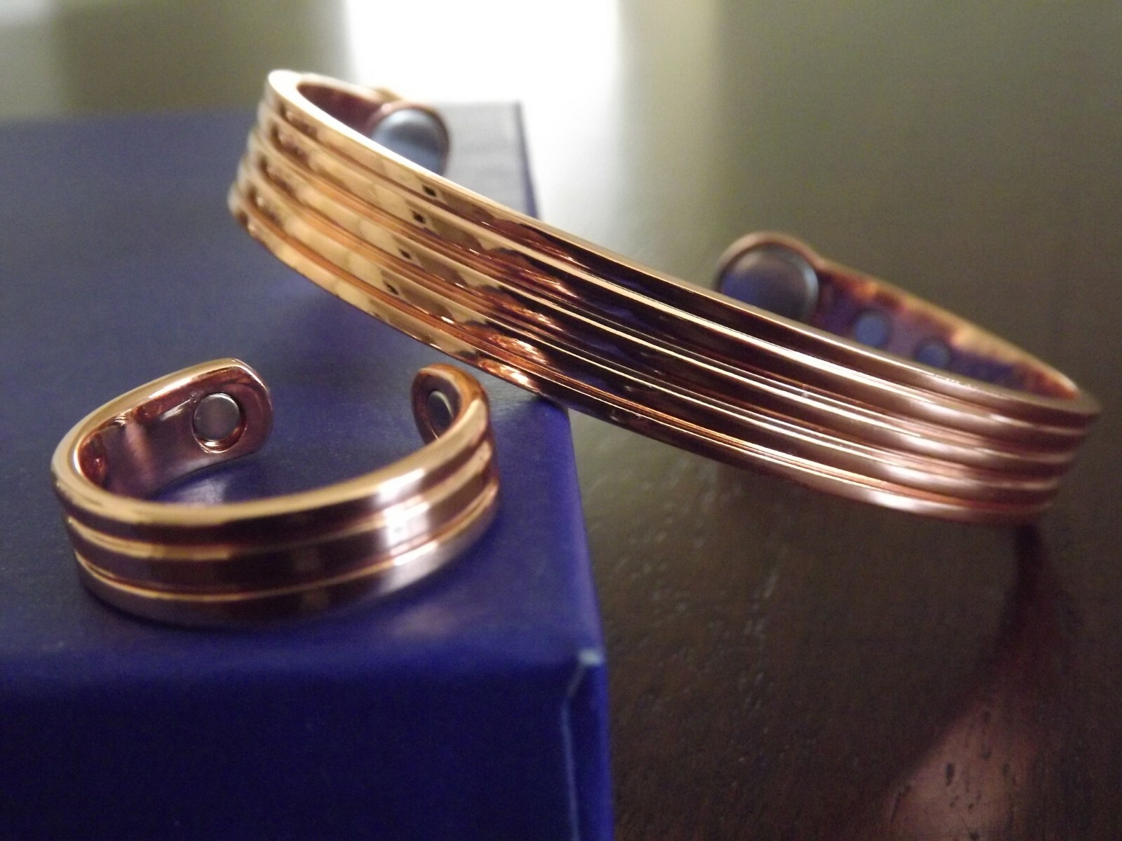 Pure Copper Magnetic Bracelet Arthritis Pain Therapy Adjustable Cuff & Ring Set
