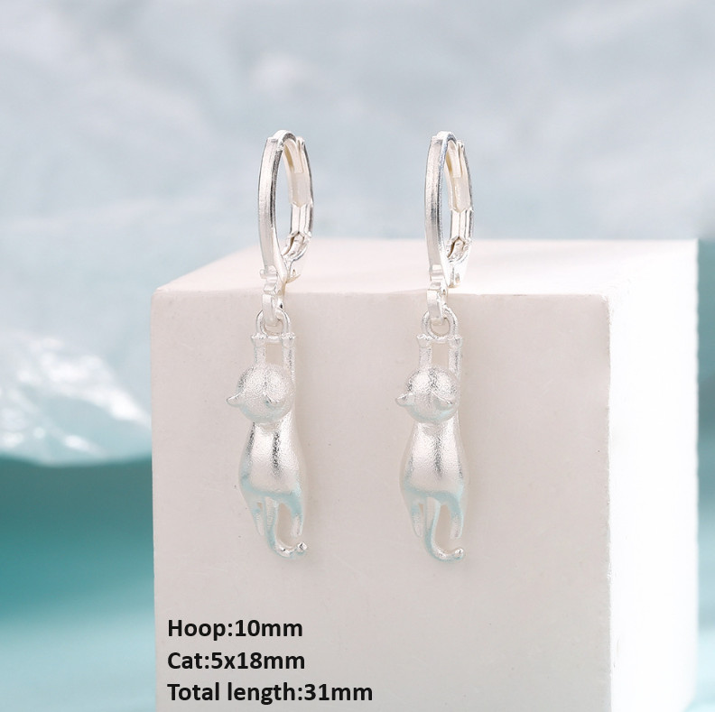 925 Silver Plated LeverBack Hoop Huggie Drop Dangle Cat French Wire Earrings S3