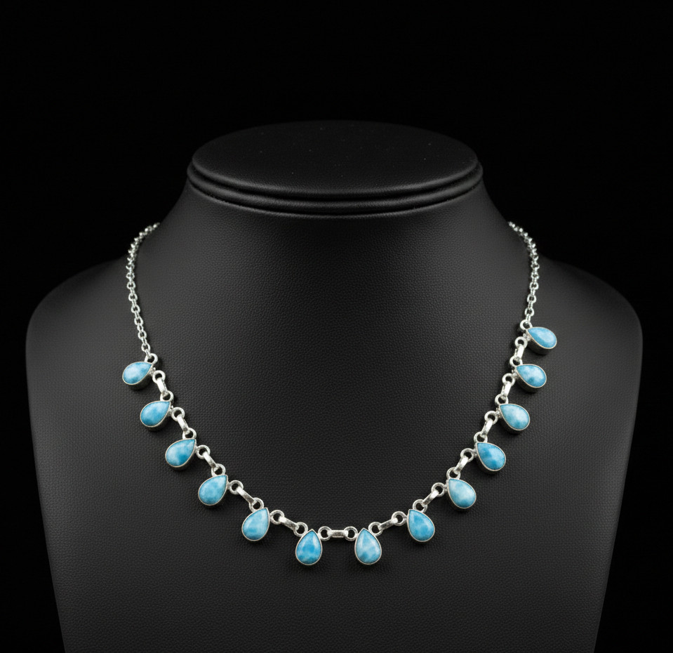 Larimar Gemstone 925 Sterling Silver Handmade Gift Necklace 18″