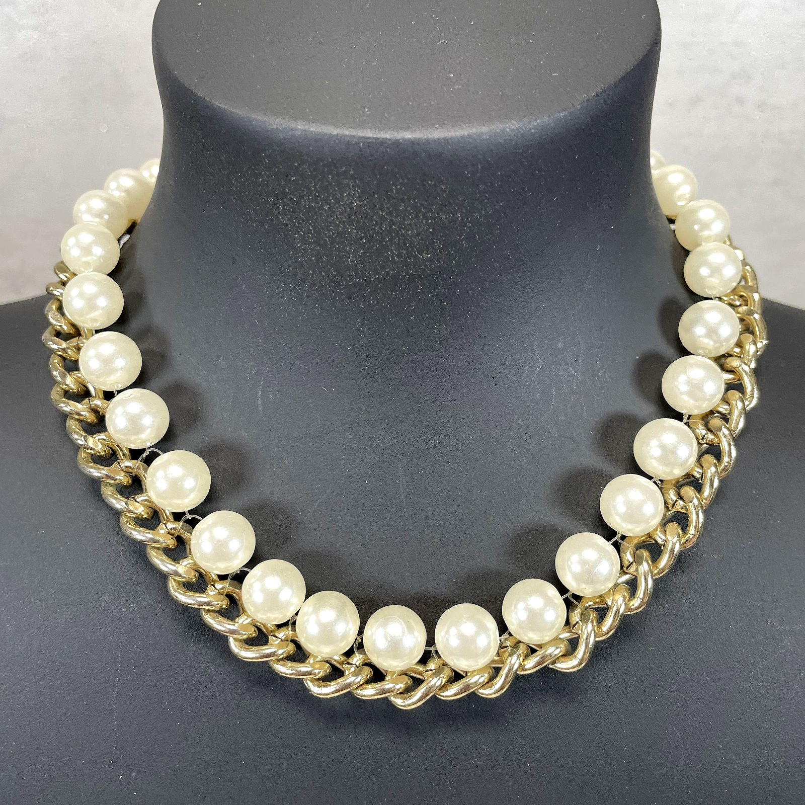 Gold Tone Faux Pearl Curb Chain Choker Necklace Chunky Statement Collar 14″