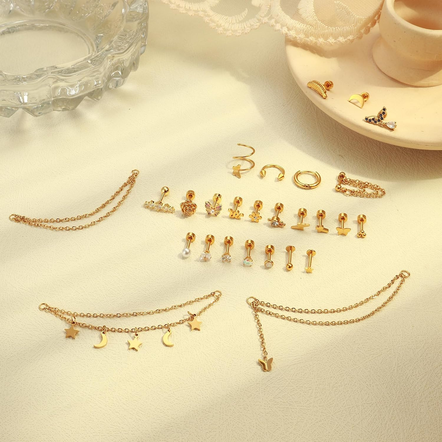 27Pcs Flat Back Earrings Hypoallergenic Surgical Steel Stud Earring Stacks Set D