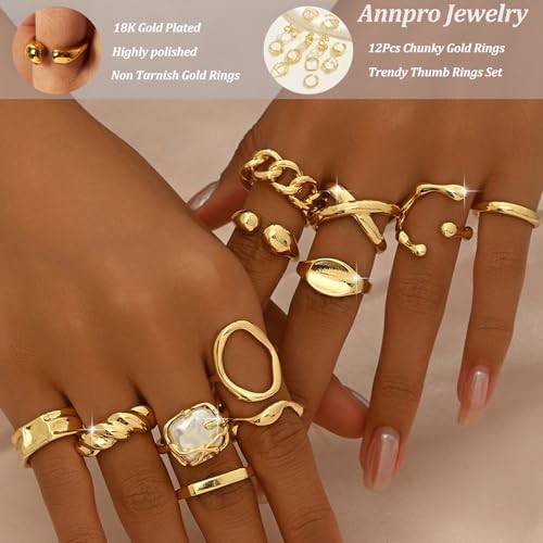 Chunky Stackable Rings Set for Women Non Tarnish Adjustable Open A-12pcs