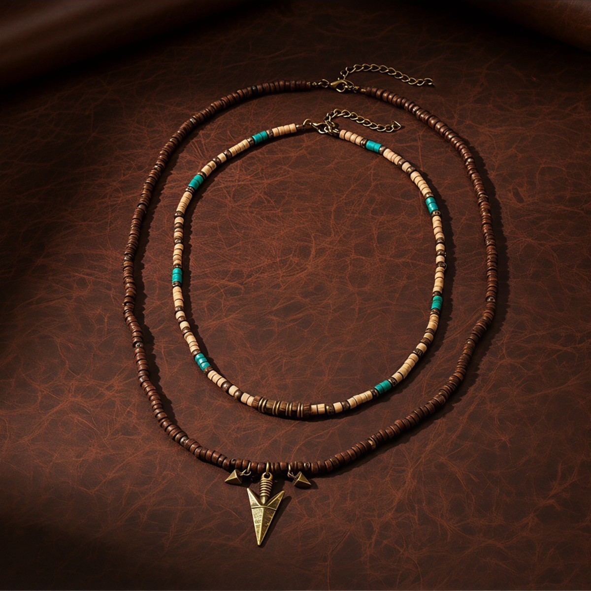 Men Layered Coconut Shell Bead Necklace Arrow Pendant Retro Surf Style Jewelry
