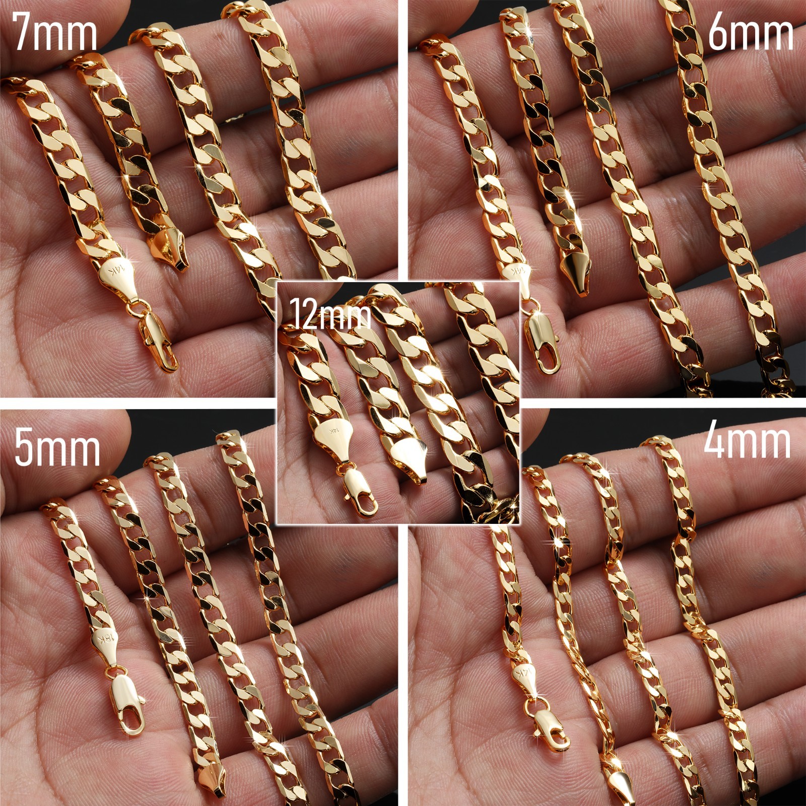 Curb Cuban Chain Link Necklace 14K Gold Plated 4mm, 5mm, 6mm, 7mm & 12mm – 24″In