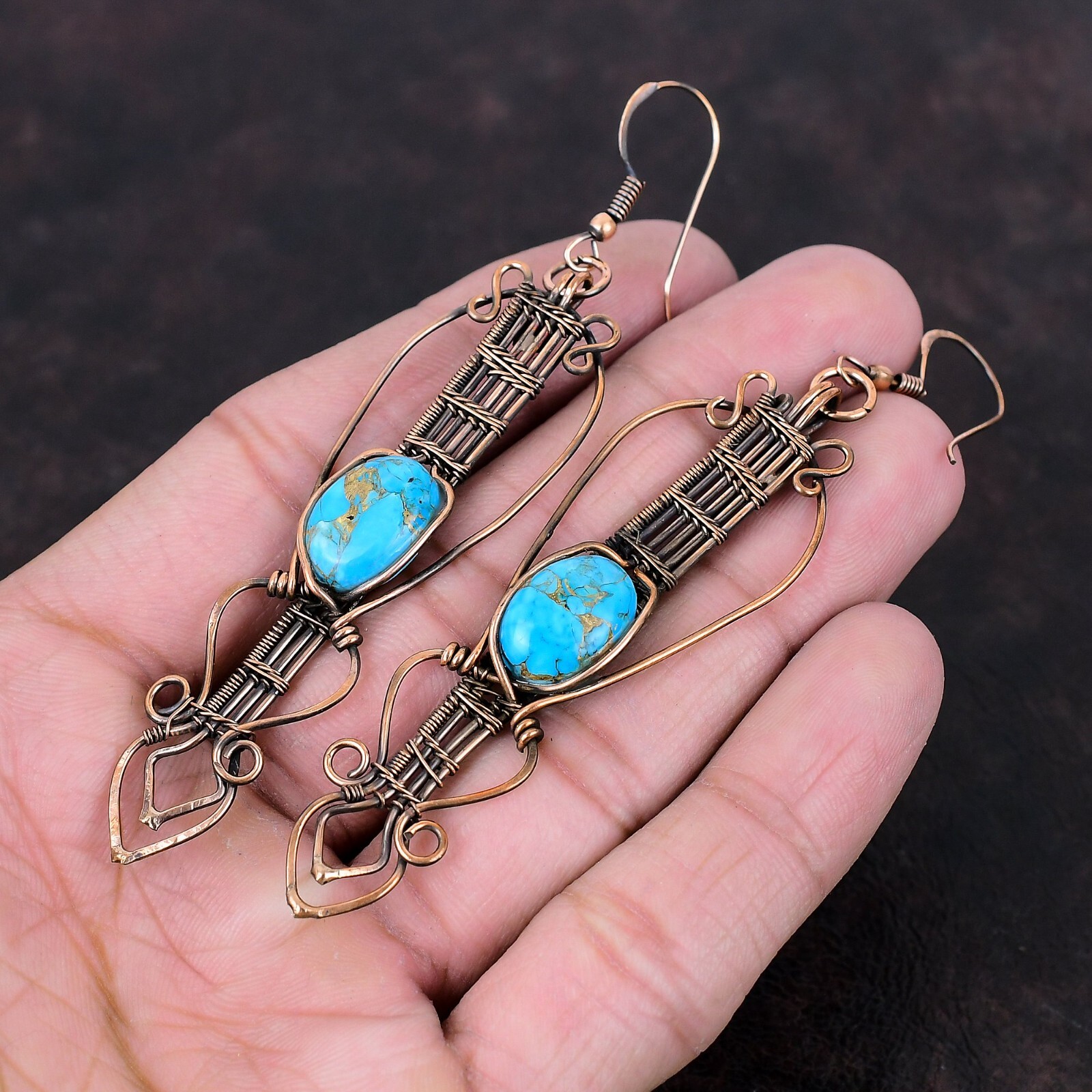 Gift For Her Blue Turquoise Wire Wrapped Drop/Dangle Earrings Copper 3.82″