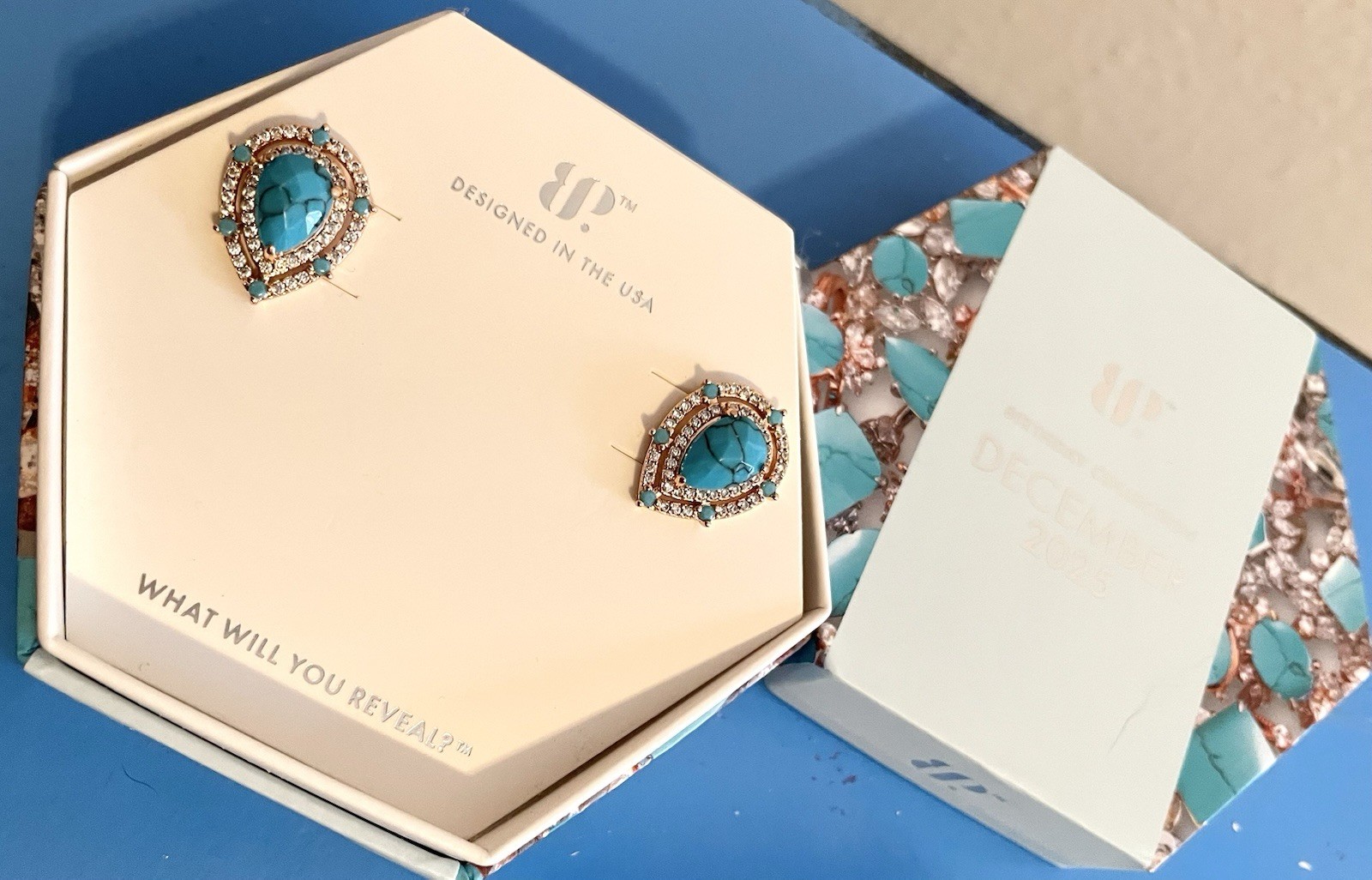 Bomb Party December 2025 Earrings Yes, Cue The Compliments Rose Gold Turquoise