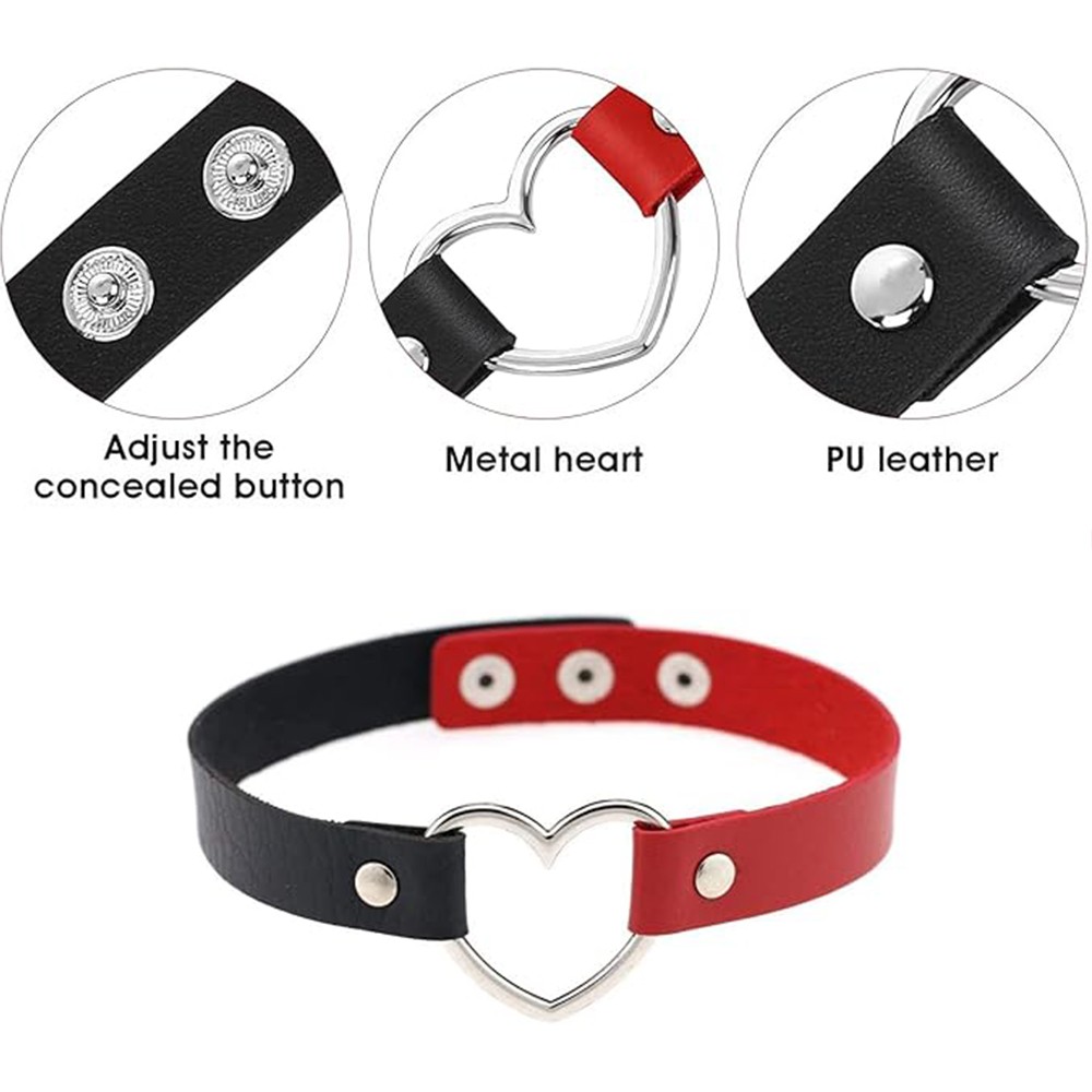Leather Heart Choker Collar Punk Goth Adjustable Rivet Necklace Love O-Ring