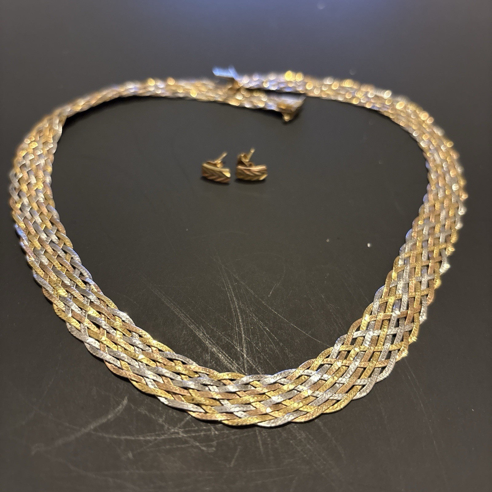 Vintage 1980 Solid 14K Tri-Color Gold Braided Herringbone Necklace Earring Set