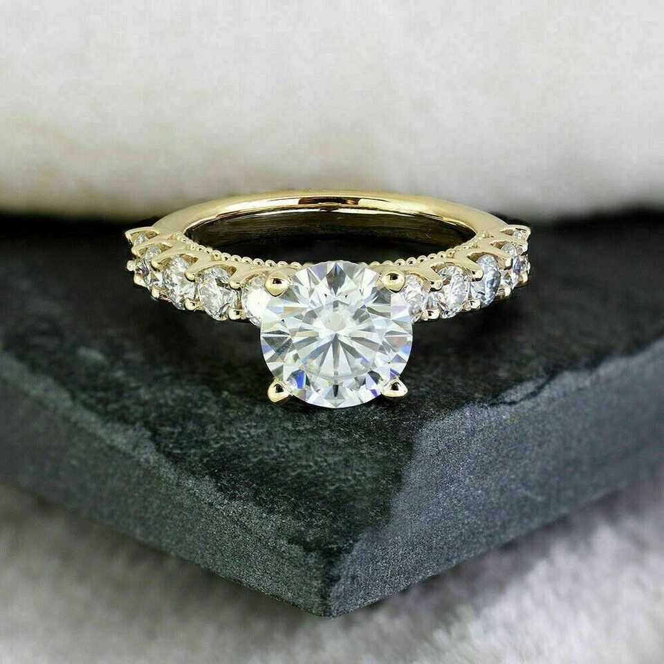 14K Yellow Finish Diamond 2.50Ct Round lab created Engagement Women’s Ring