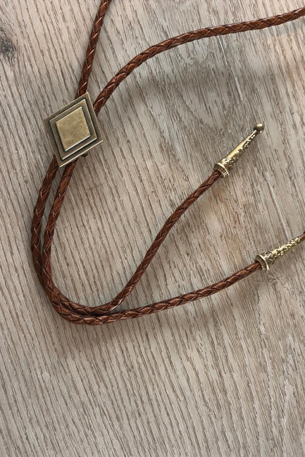 Brass Diamond Shaped Bolo Tie Brown Leather Cowboy Western Necktie Handmade