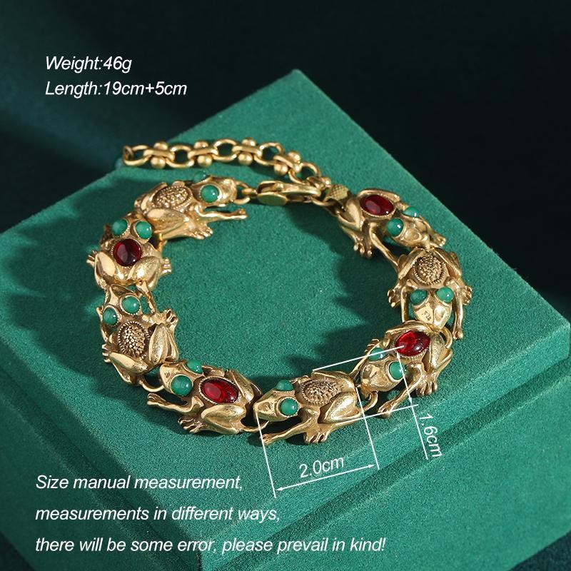 Vintage Charm Bracelet Adjustable Frog Natural Stone Eye 18k Gold Plated Elegant