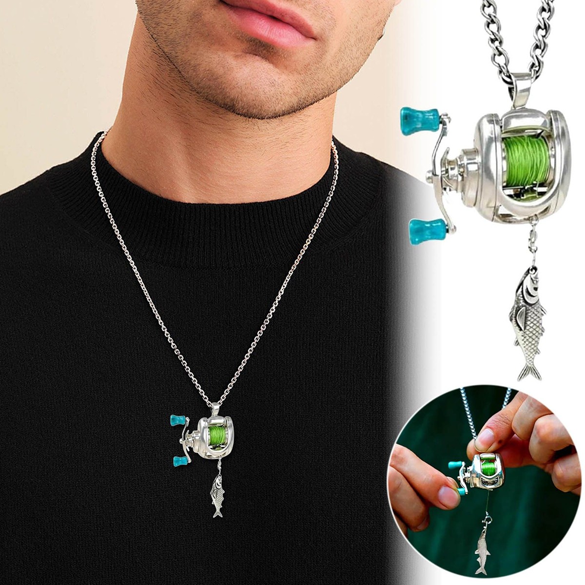 Rotating Handle Fishing Reel Necklace Mini Alloy Reels Pendant Necklace
