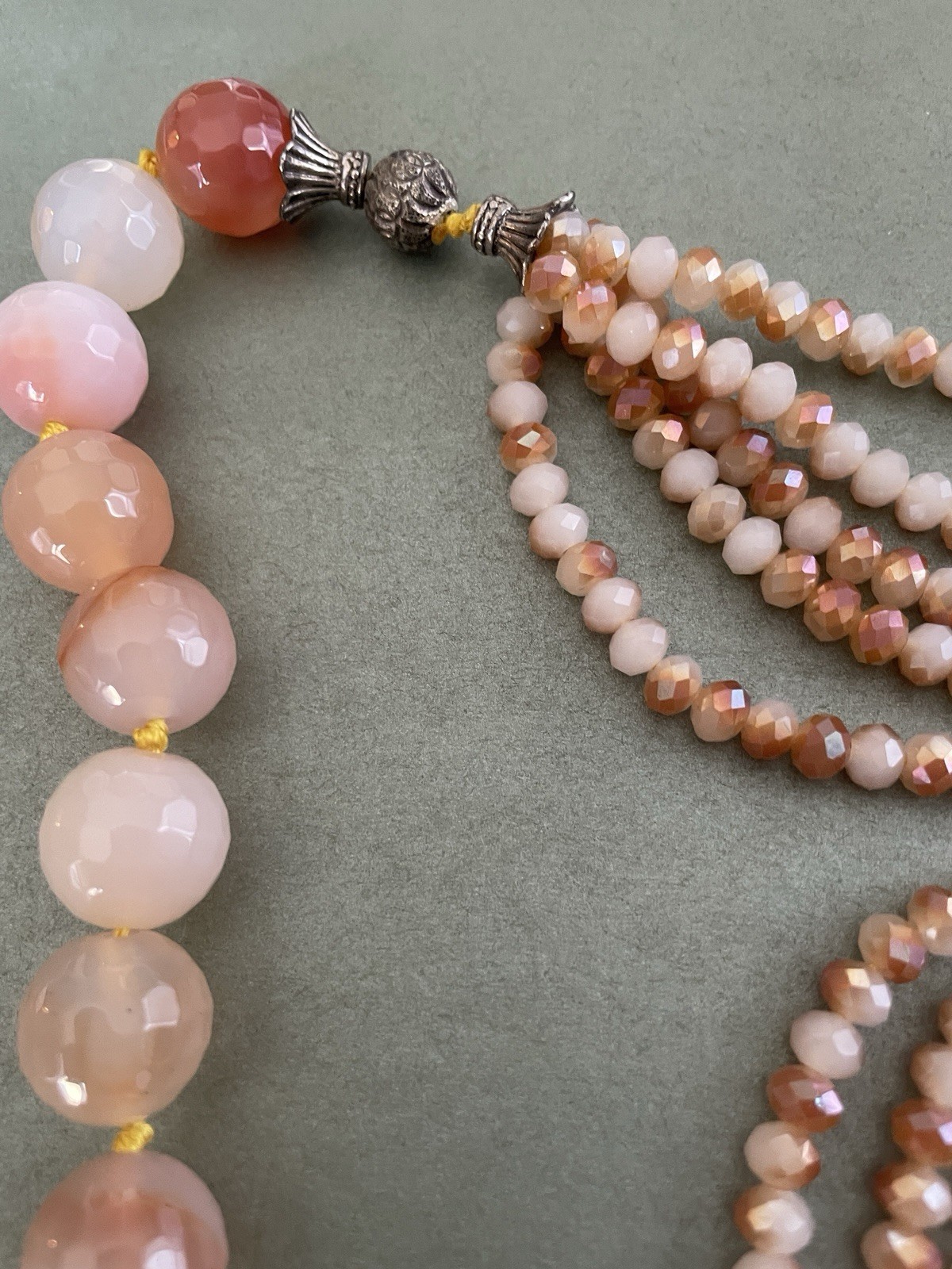 Pink Multi-Strand Agate Statement Necklace, Glass & Stone Round Beads 18 in