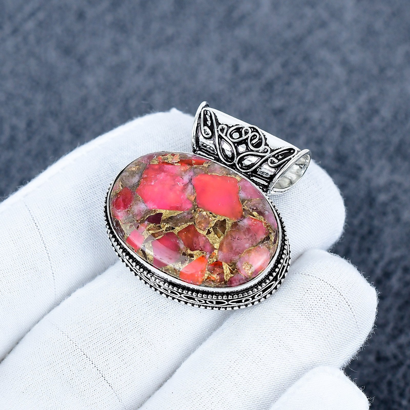 Orange Copper Turquoise Pendant Gemstone Handmade 925 Sterling Silver Jewelry