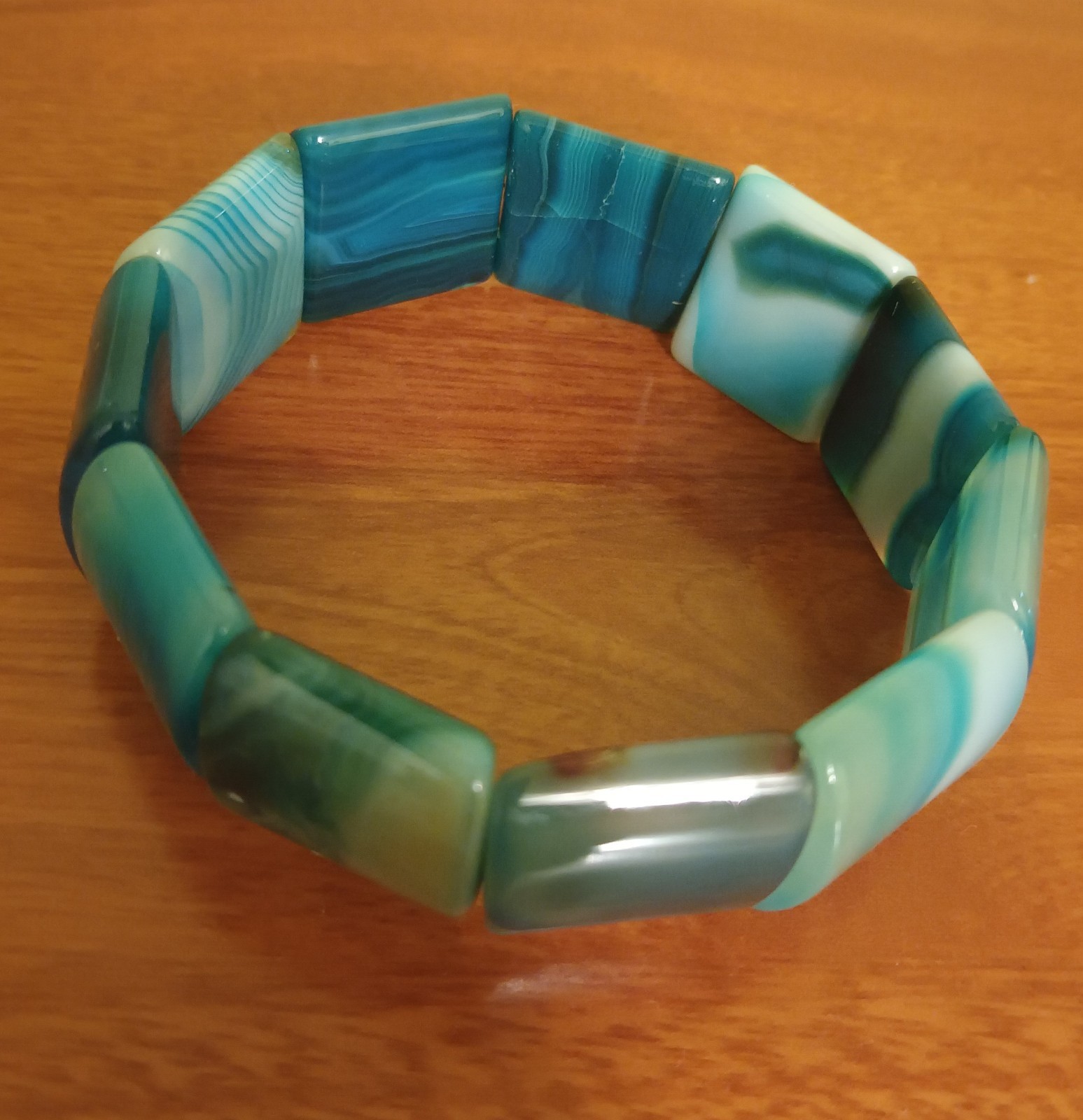 Agate Stretch Bracelet Banded Wide Blue Swirl Gemstone Bar Bead Bangle