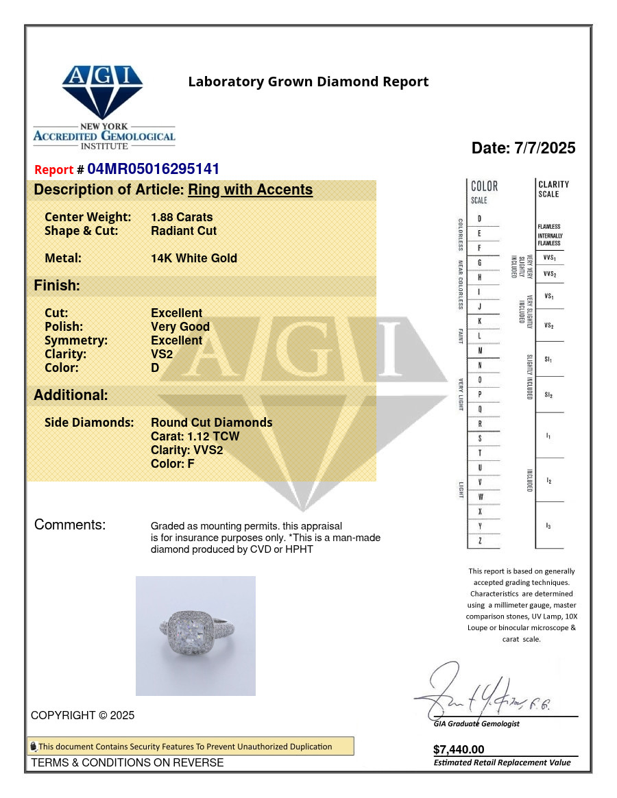 Side Stone Engagement Ring 14K Gold Halo Radiant 3 Carat Lab-Grown Diamond D VS2