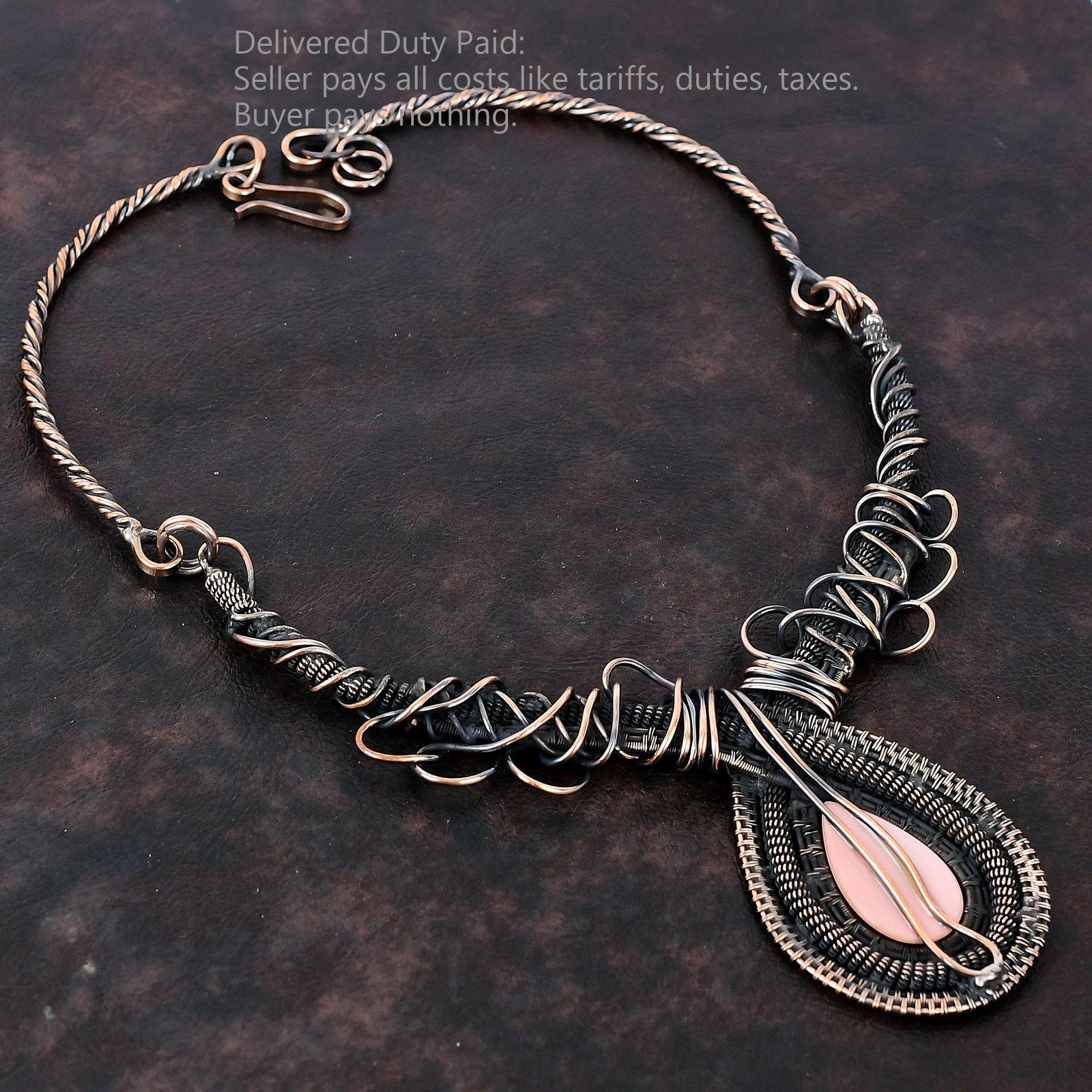 Natural Pink Opal Copper Wire Wrapped Chain Anniversary Artisan Necklace Jewelry