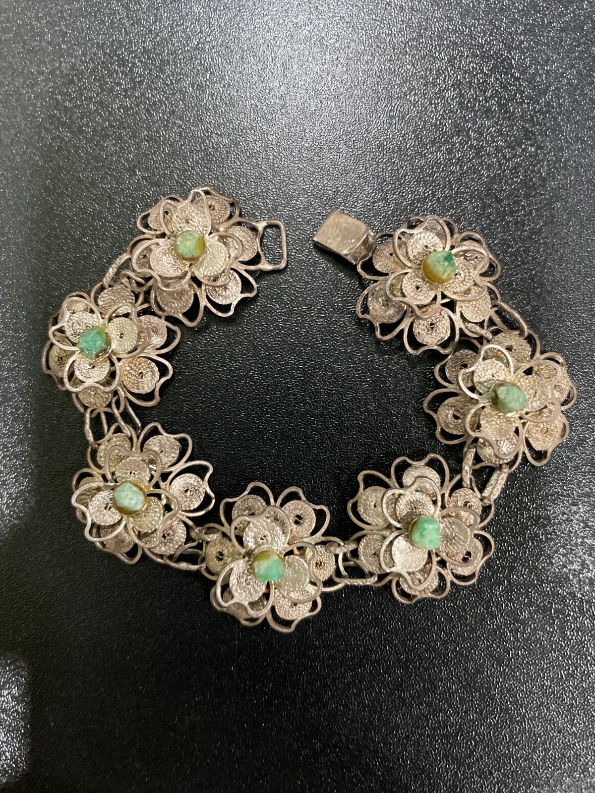Bracelet From Peru Detailed Sterling Silver & Unpolished Emerald 7″