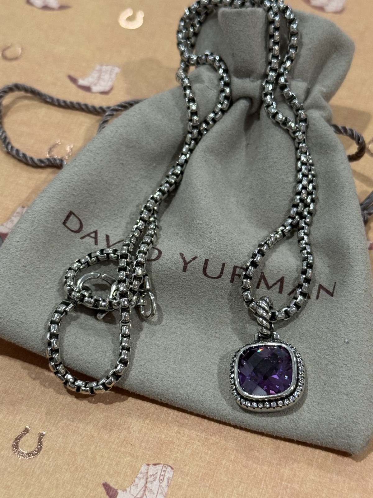 David Yurman Sterling Silver 925 purple Amethyst 14mm Pendant Necklace 20″
