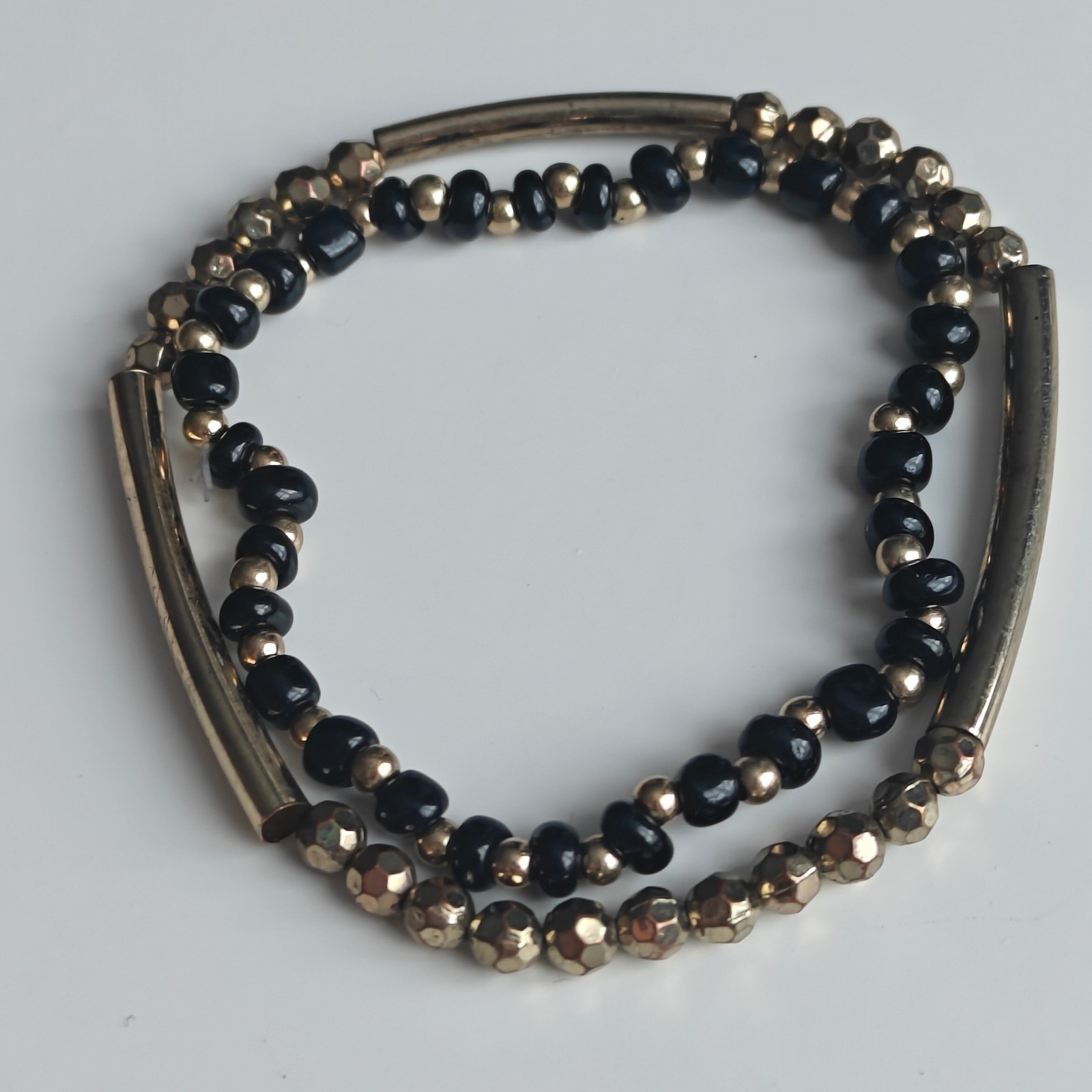 Black and Gold Beaded Stretch Bracelet Set Double Strand Bar Accents Womens