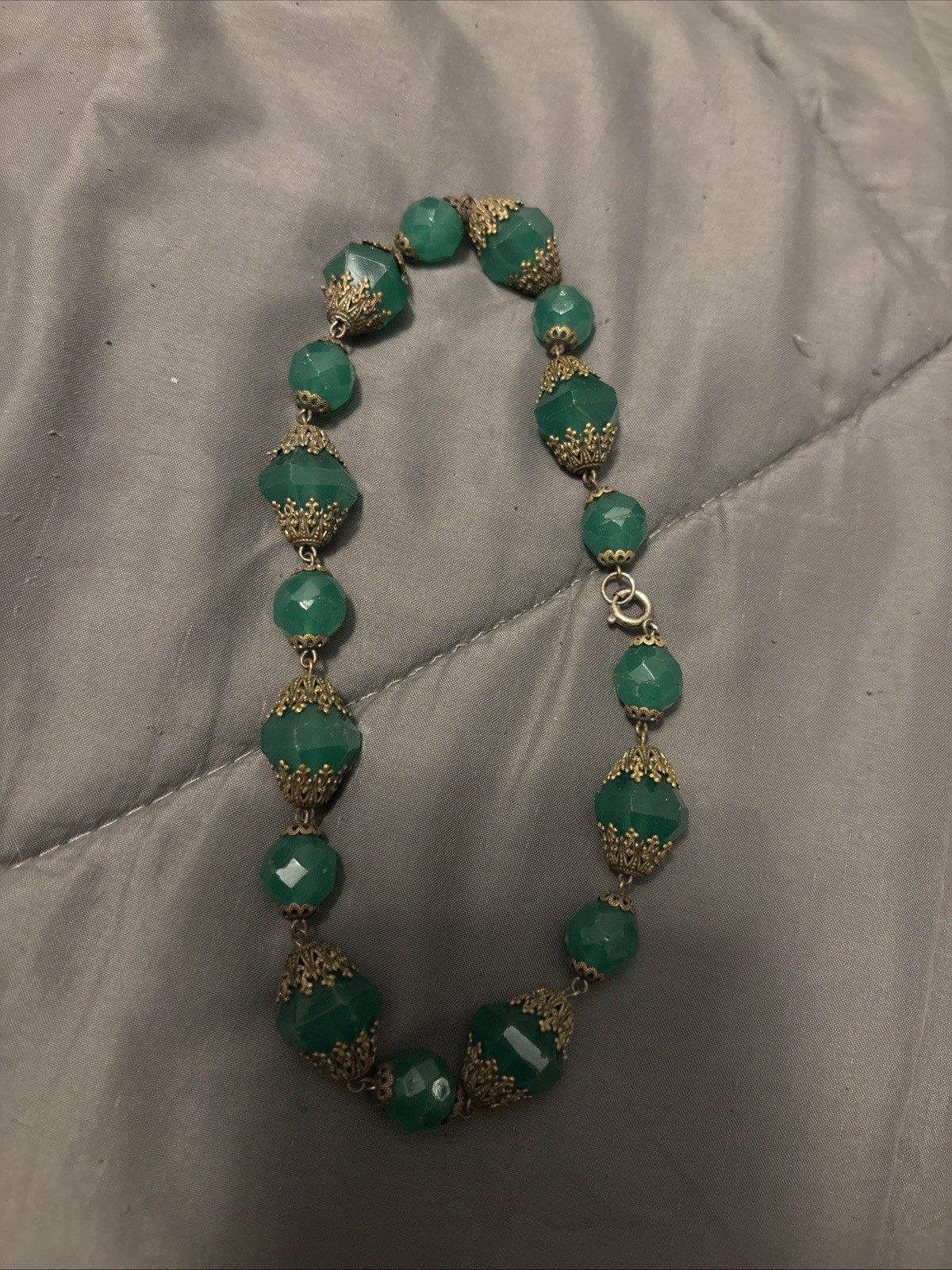 Emerald green antique glass choker filigree metal spacers