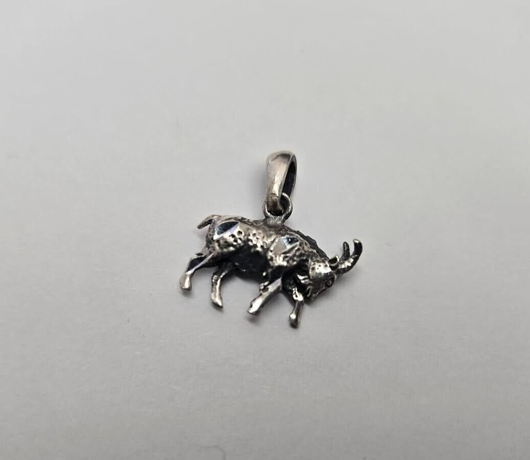 925 Sterling Silver Charging Goat Charm Pendant Oxidized Finish 7/8 (22mm) Inch
