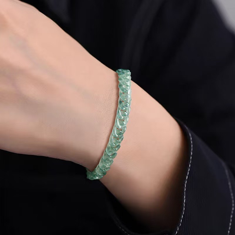 Real Grade A Natural Blue Jade Jadeite Bracelet Cuban Curb Link Chain 5.9-8.3in