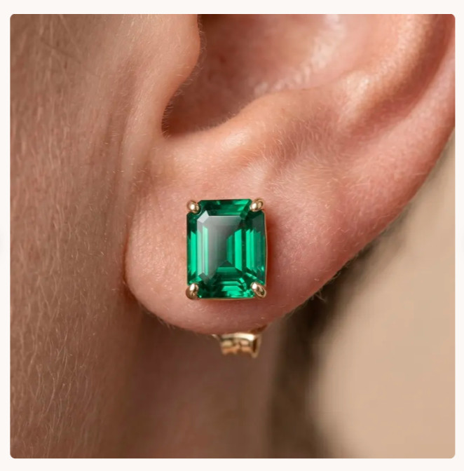 Natural Emerald 4Ct Emerald Cut Solitaire Stud Earring 14k White Gold Plated