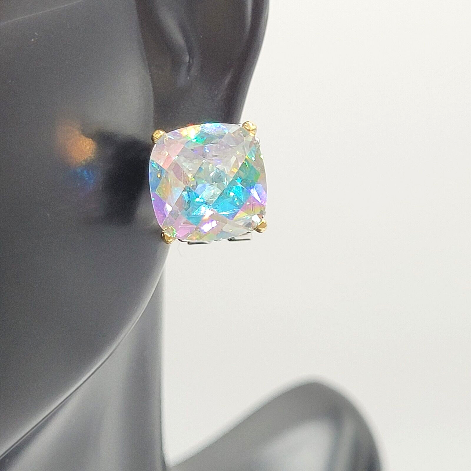 Modern Rainbow AB Crystal Square Stud Two Tone Ornate Frame Pierced Earrings