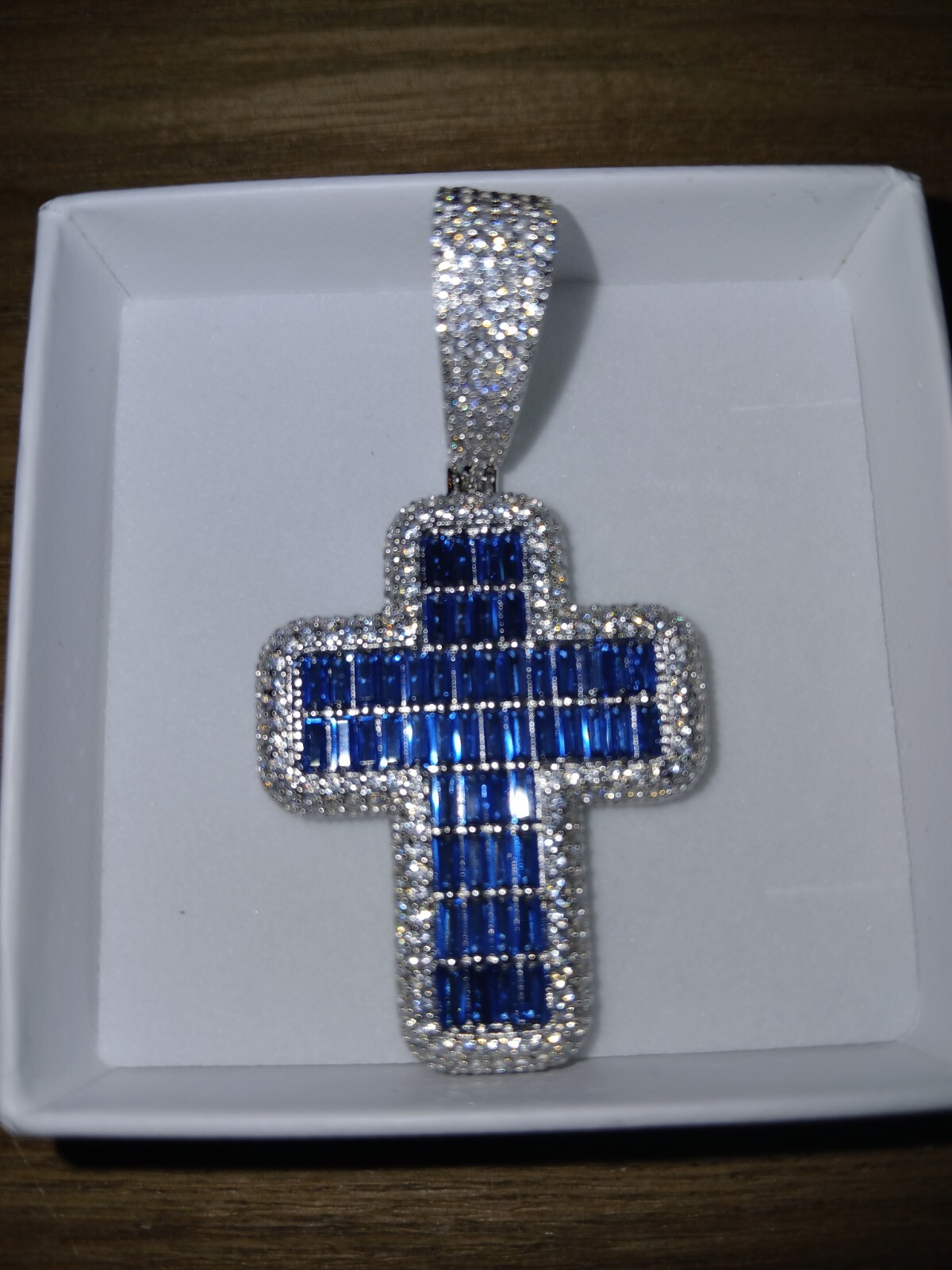 925 Solid Sterling Sliver VVS Swarovski Crystal Cross Pendant Blue And White…