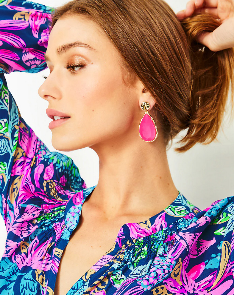 NWT LILLY PULITZER MOONLIGHT DROP EARRINGS *PINK PALMS* GOLD BAMBOO