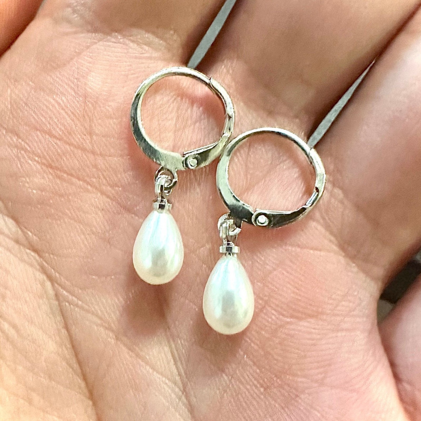 Pearl Drop Earrings 8mm Simulated Pearl Silver Plated Huggie Dangle